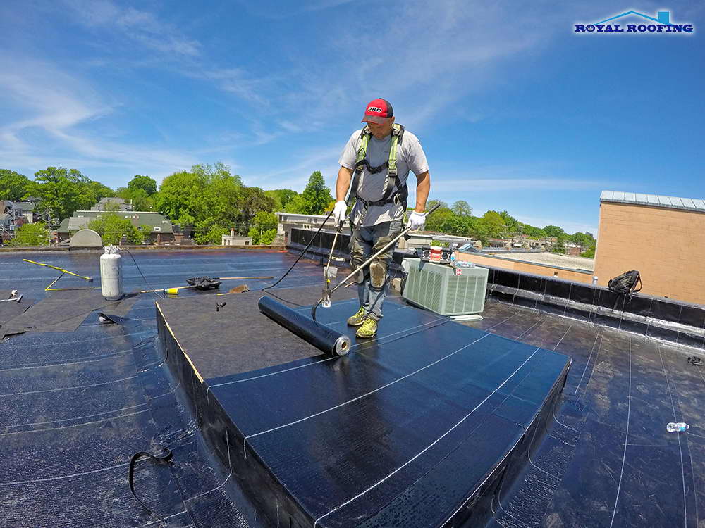 roofing roll roof torch flat bitumen modified rolled down material system commercial installation toronto types granulated buildings surface gta royalroofinginc